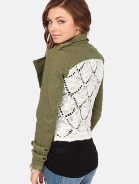 Black Swan Olive Green Military-Style Utility Jacket Crochet Back Unique Small